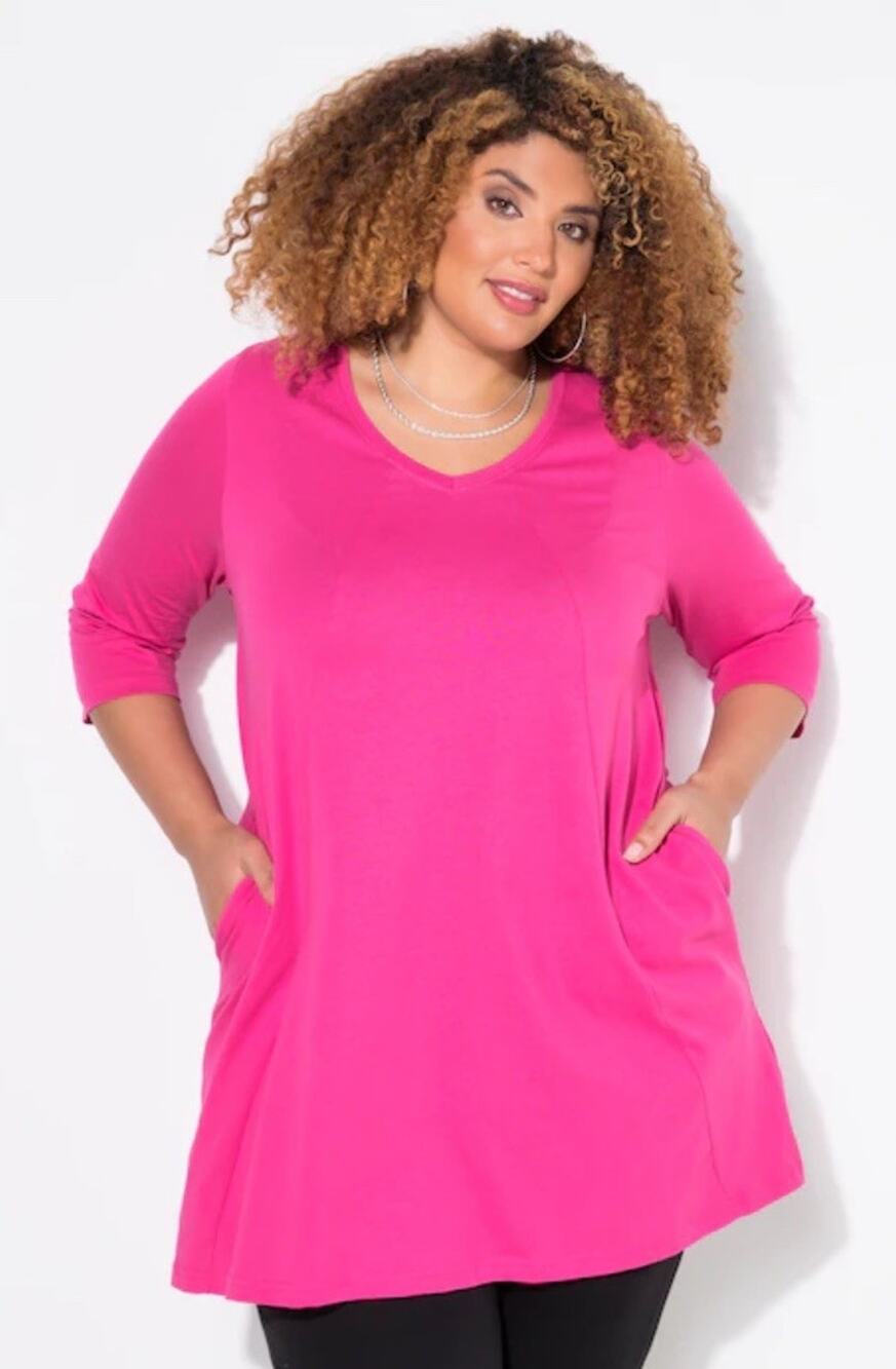 Ulla Popken Women’s V Neck Seam Knit Pocket Tunic Pink Size 28/30